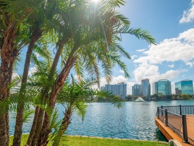 Sun shining over beautiful Lake Eola park in Orlando